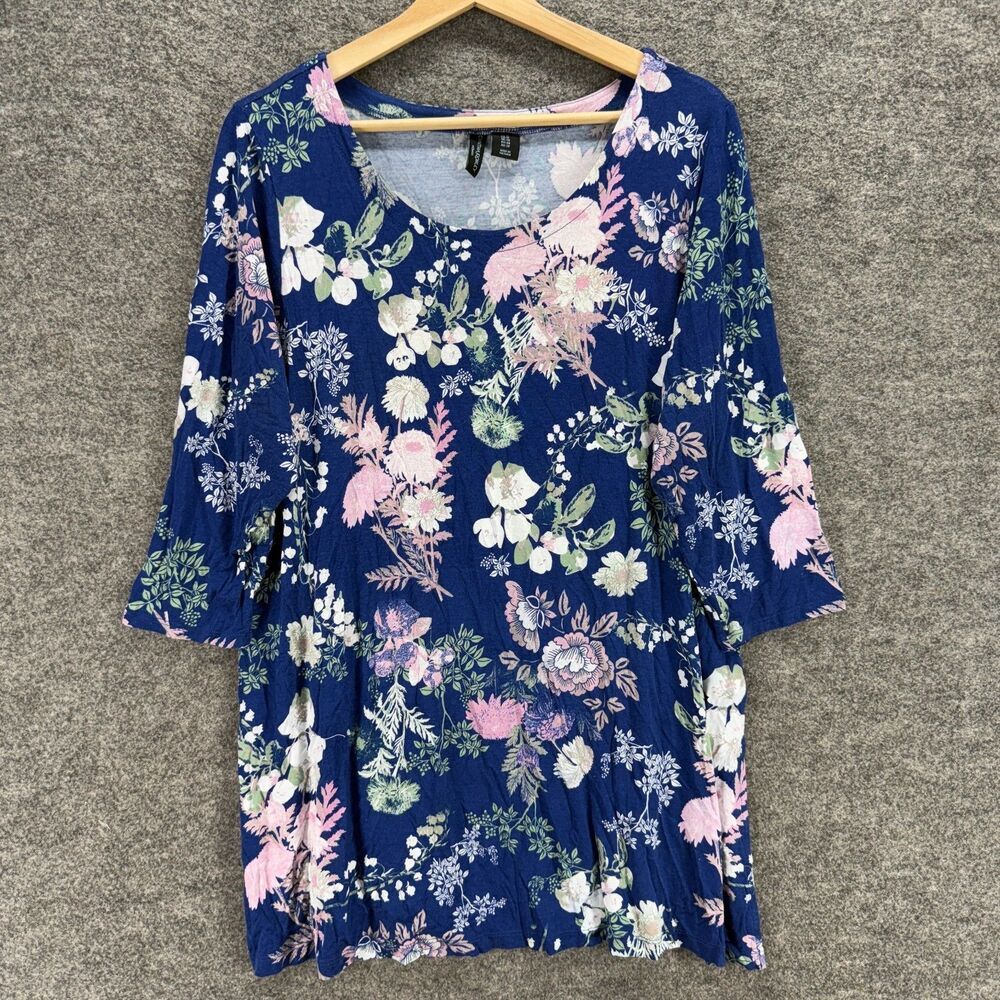 Cynthia Rowley Mini Dress Women 1X Plus Blue Floral Short Rayon Long Sleeve